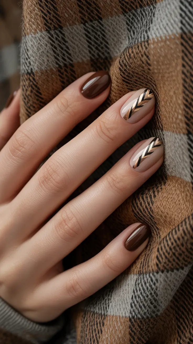fall nail designs - Mocha Chevron With Gold Ribbons