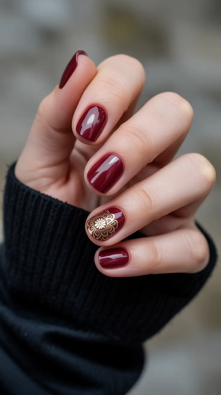 Fall Nail Design Ideas 2025 - Burgundy Glass With Gilded Medallion