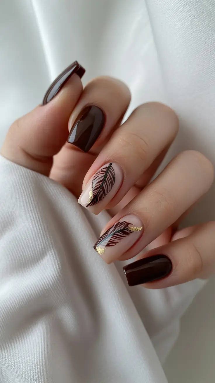 Fall Nail Design Ideas 2025 - Espresso Plumes On Soft Nude - Square