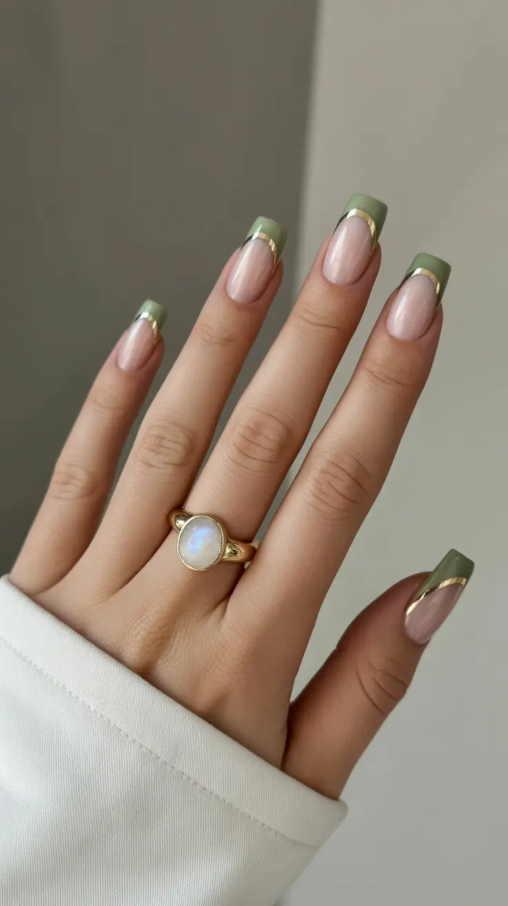 Fall Nail Design Ideas 2025 - Sage French With Golden Edge - Square