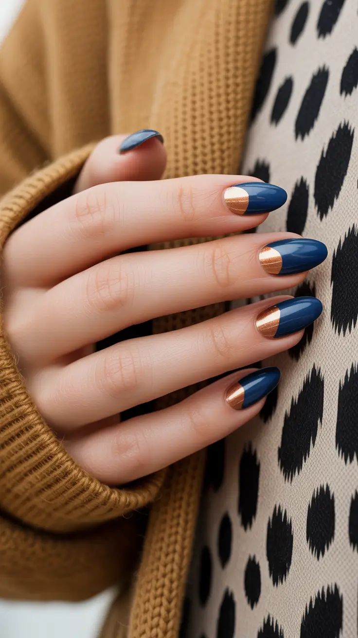 Fall Nail Design Ideas 2025 - Navy Half-Moon With Copper Accent