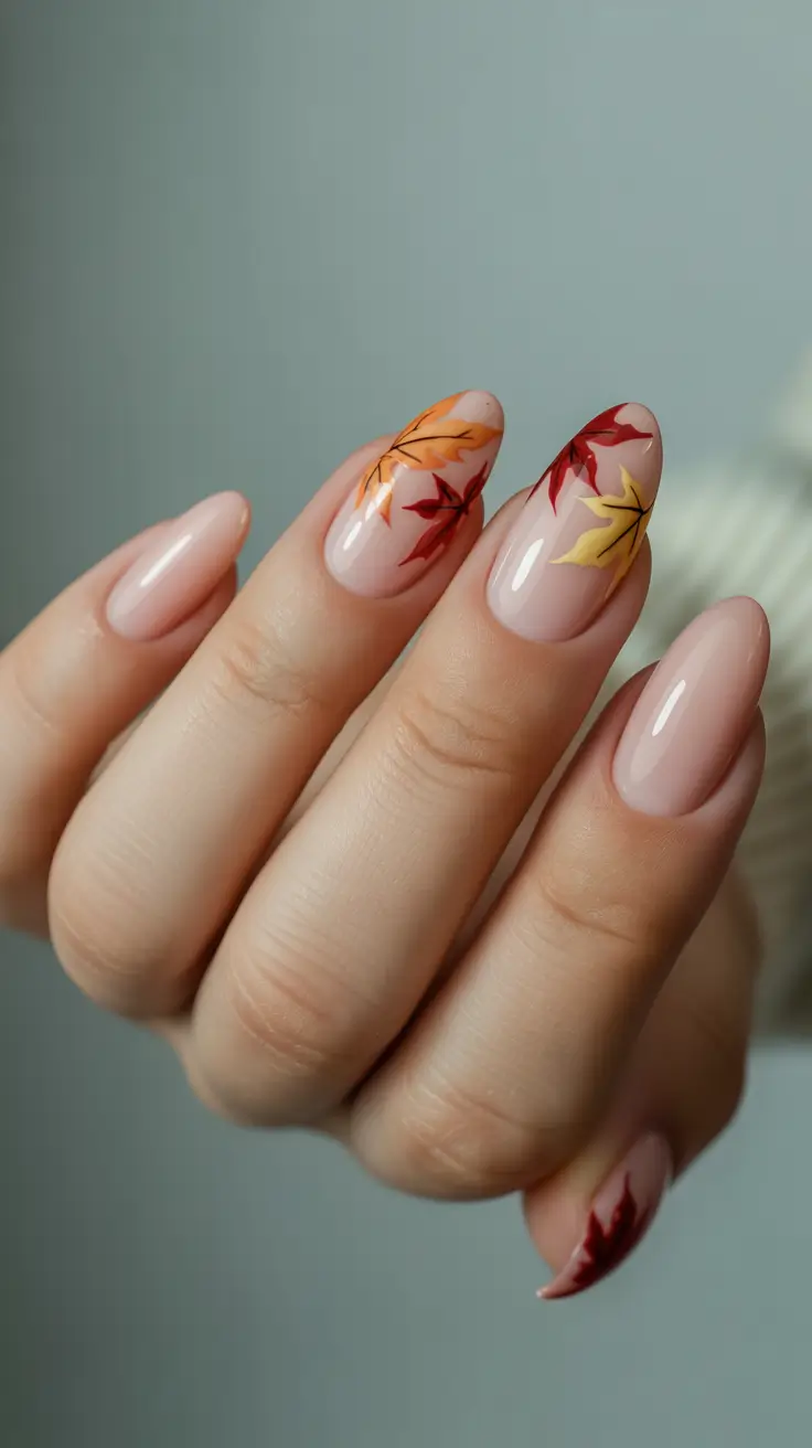 Fall Nail Design Ideas 2025 - Maple-Leaf Scatter On Petal Pink