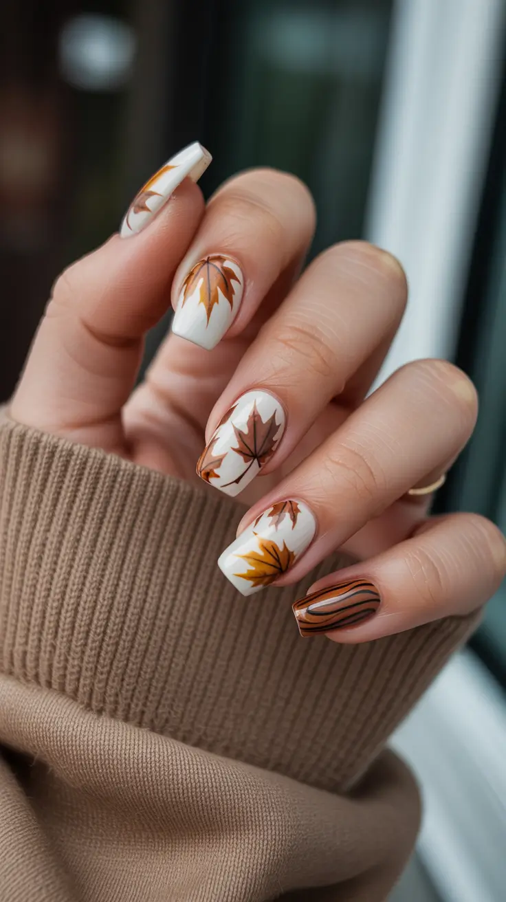 fall nail designs - Maple Leaf Classics on Milk White
