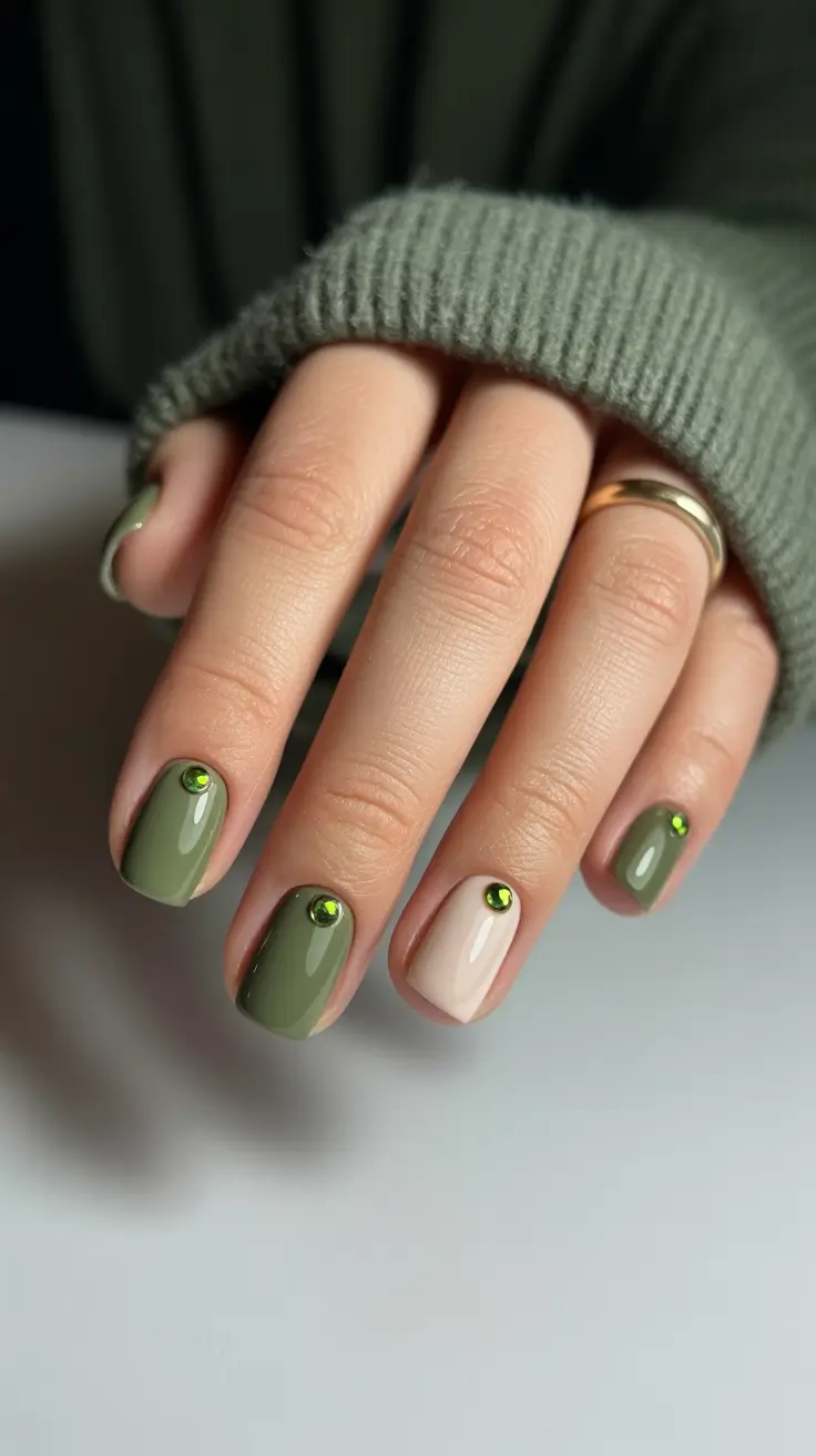 fall nail designs - Olive Knit Minimal With Gem Studs