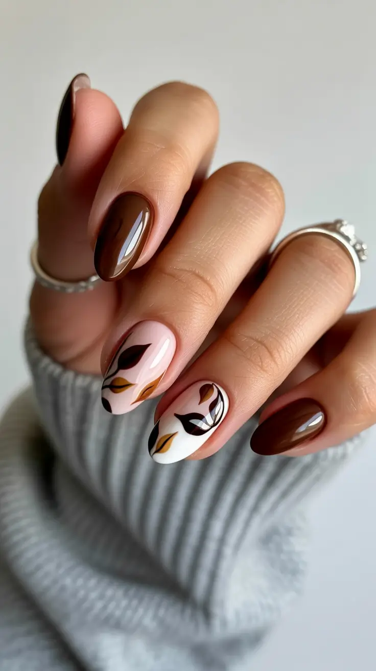 Fall Nail Design Ideas 2025 - Milk Chocolate Leaves On Soft Nudes