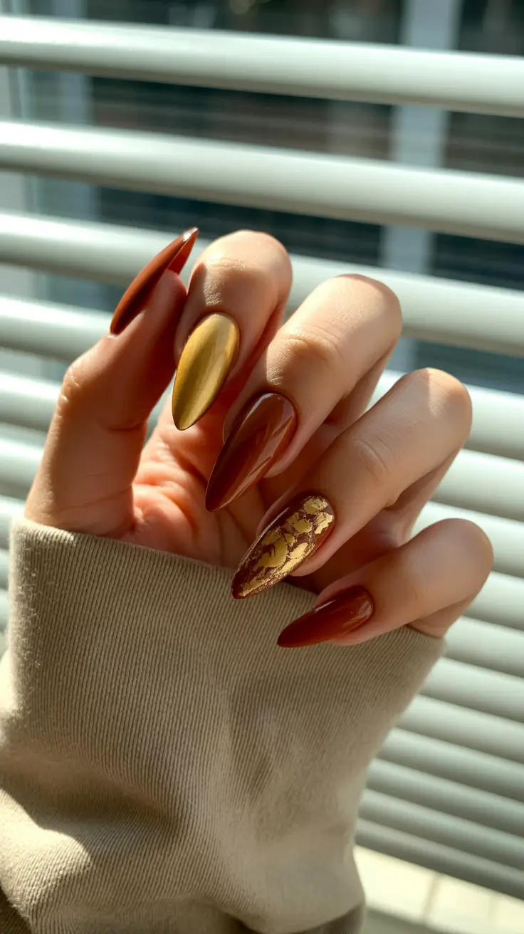 Fall Nail Design Ideas 2025 - Molten Bronze Chrome With Foil Accent