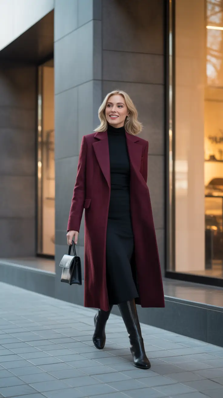 Fall outfits Ideas for November 2025 - Burgundy Coat and Black Knit Dress With Tall Boots