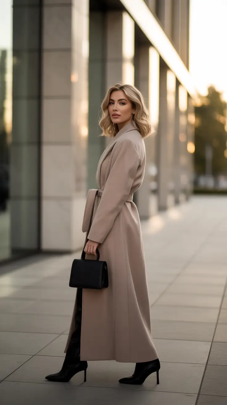 Fall outfits Ideas for November 2025 - Oat Belted Maxi Coat With Stiletto Boots