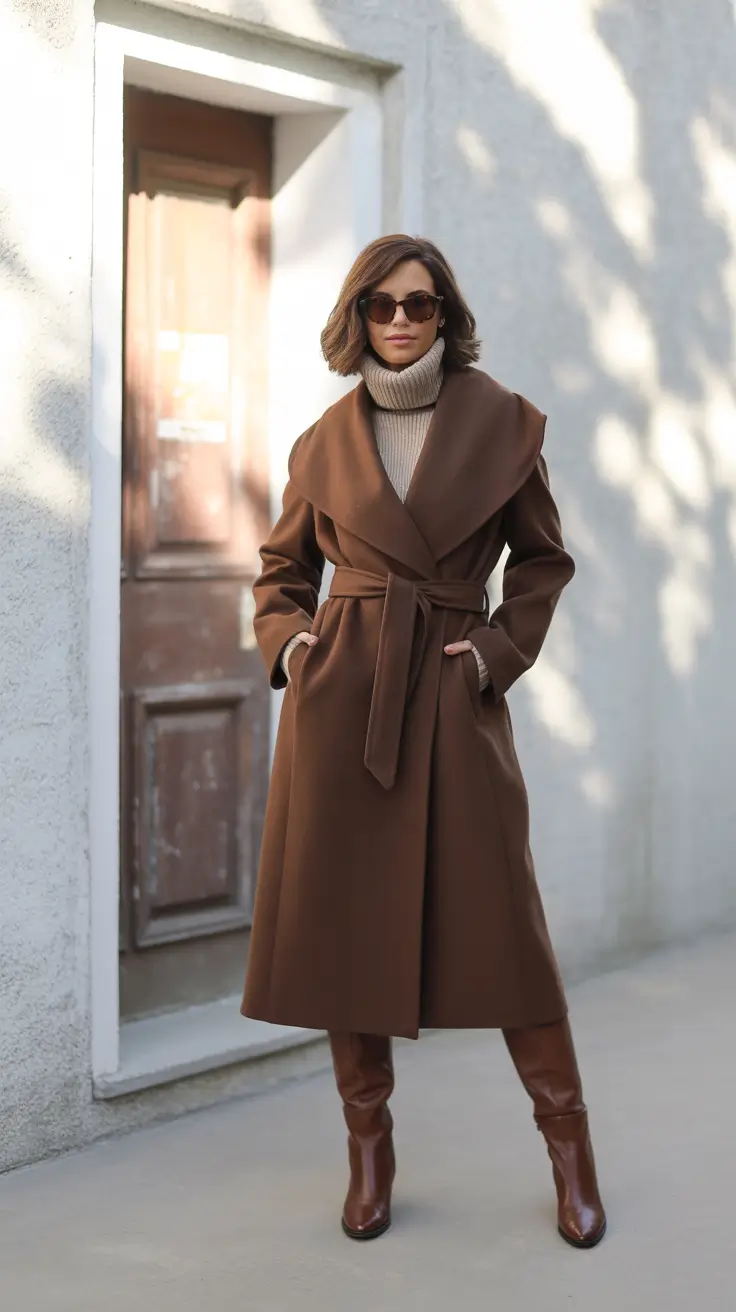 Fall outfits Ideas for November 2025 - Cocoa Wrap Coat With Tonal Turtleneck and Mid Heel Boots