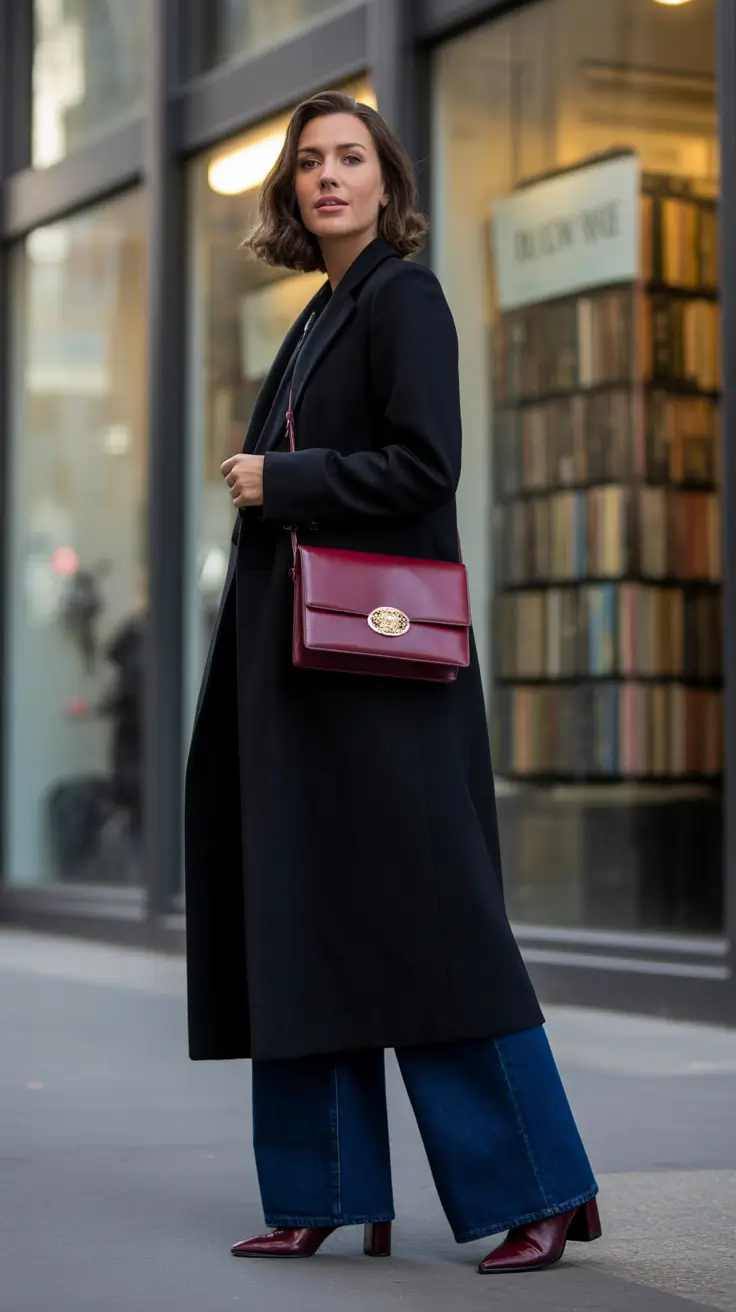 Fall outfits Ideas for November 2025 - Black Coat With Oxblood Accents and Wide Denim