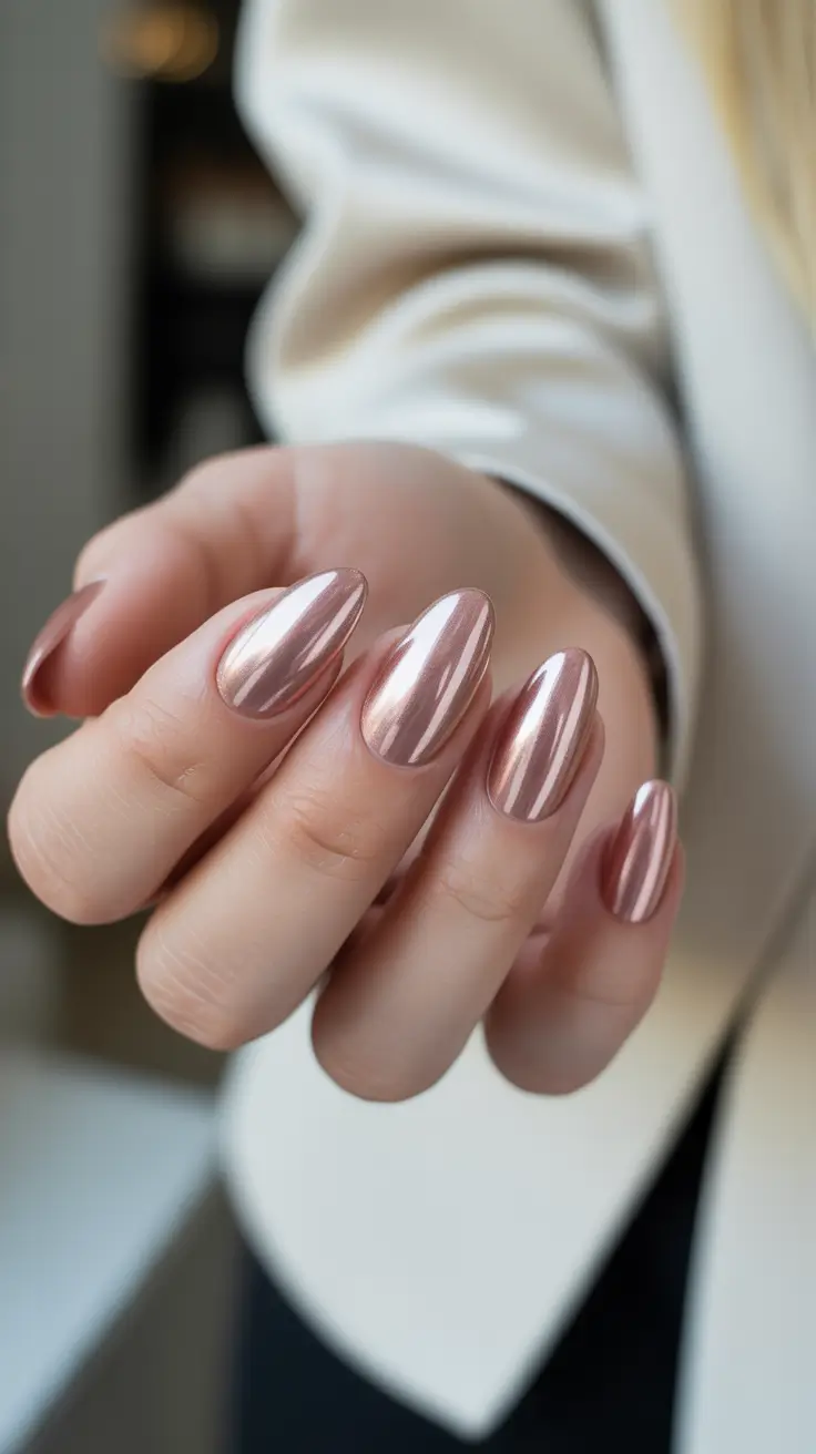 Cute Fall & Winter Nails 2025–2026 - Rosy Chrome Almond Shine