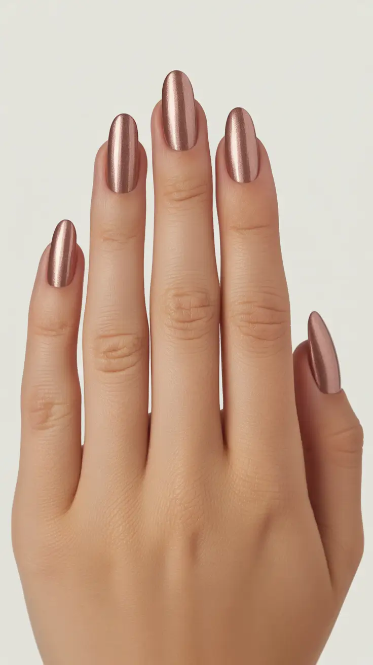 Cute Fall & Winter Nails 2025–2026 - Blushed Bronze Satin Chrome