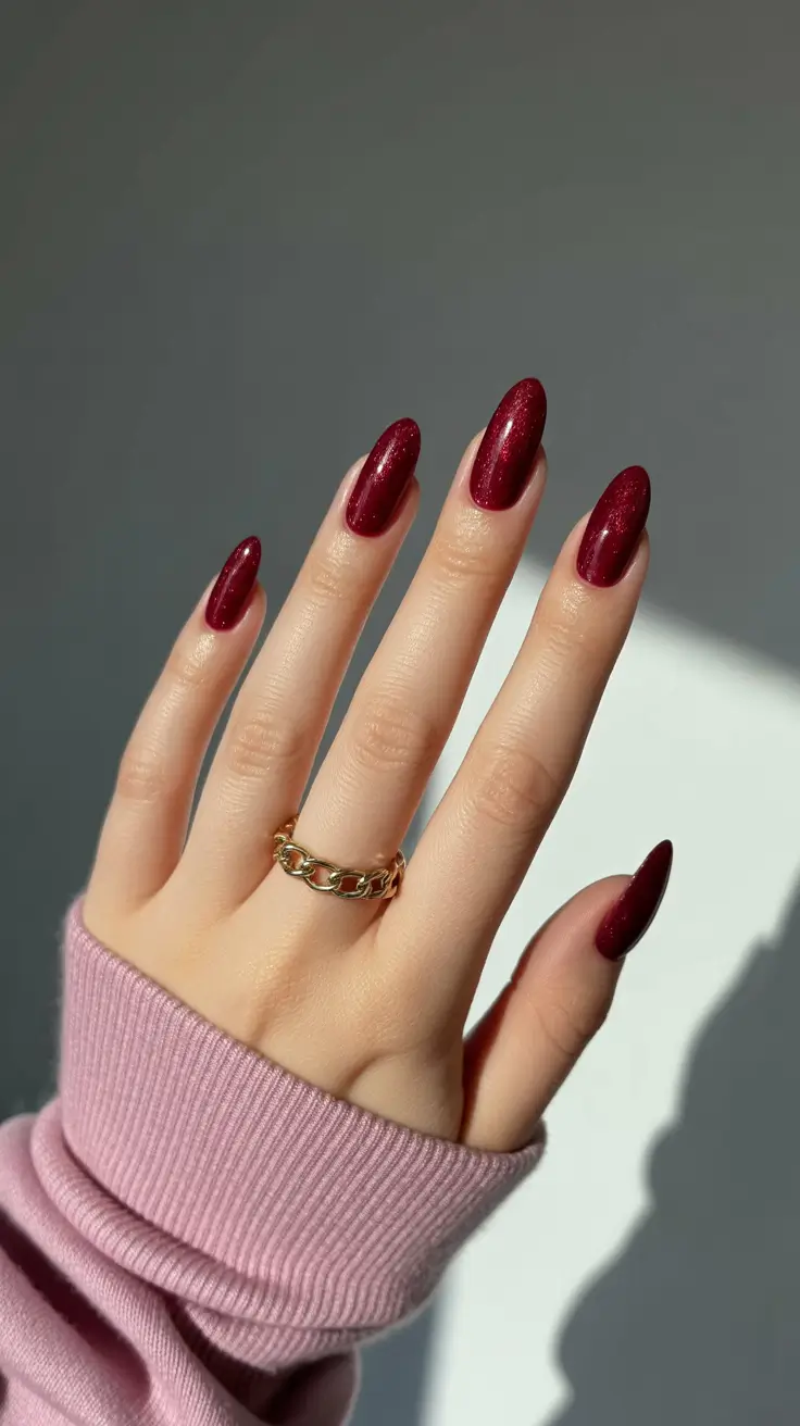 Cute Fall & Winter Nails 2025–2026 - Garnet Stardust Almond
