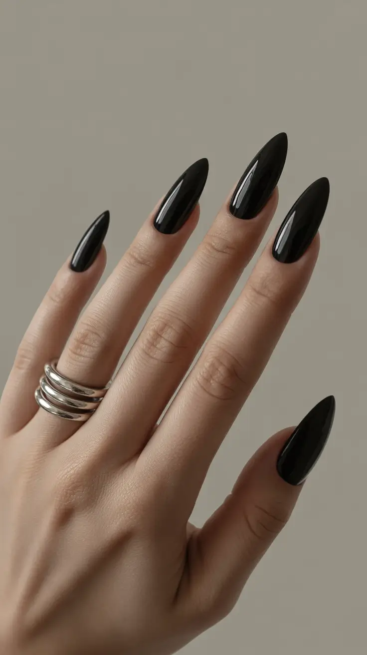 Cute Fall & Winter Nails 2025–2026 - Patent Noir Stilettos