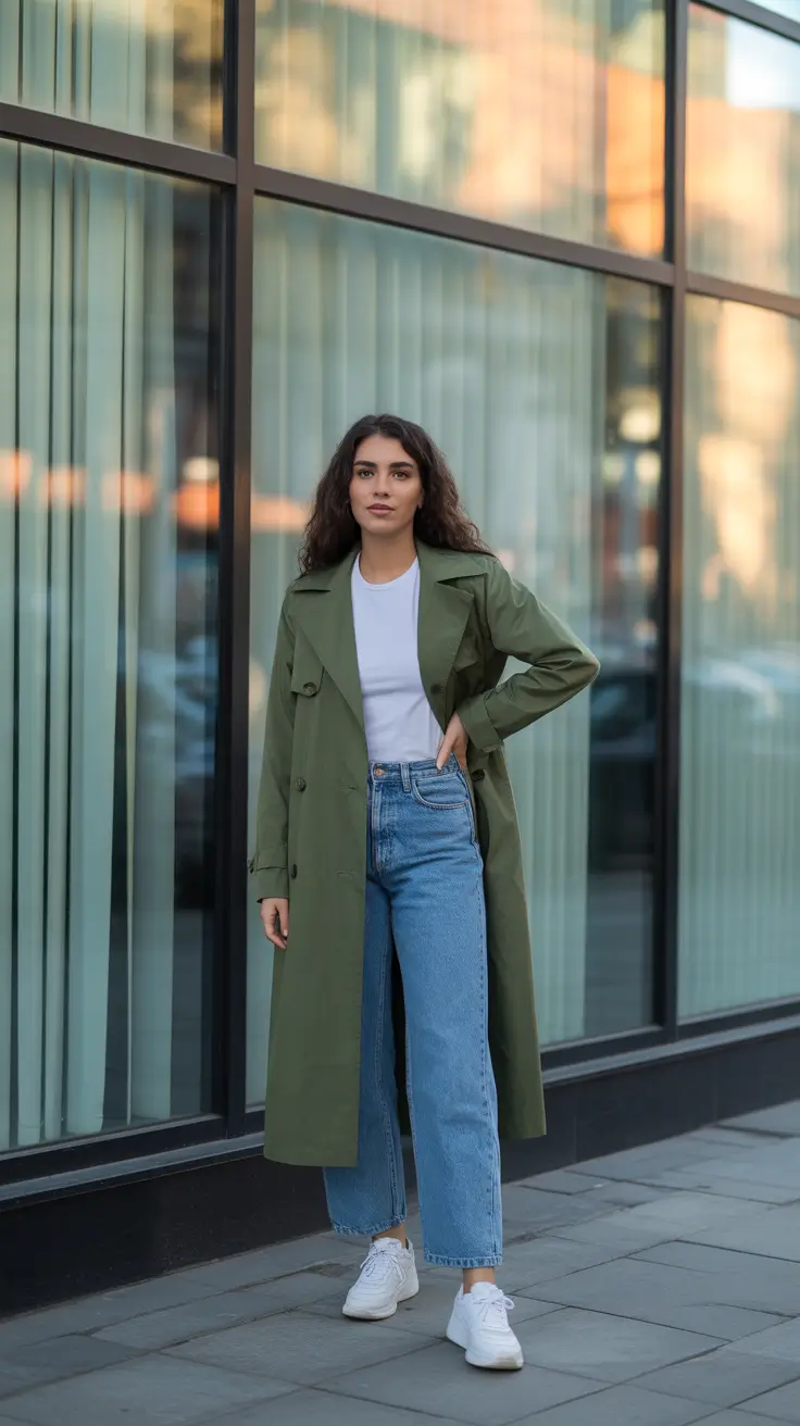 2025 Fall-Winter Fashion Cold Weather Outfits Ideas - Utility Trench With White Tee and Straight Jeans