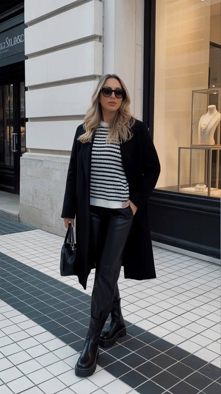 2025 Fall-Winter Fashion: Cold Weather outfits Ideas - Striped Knit With Leather - Downtown Ease
