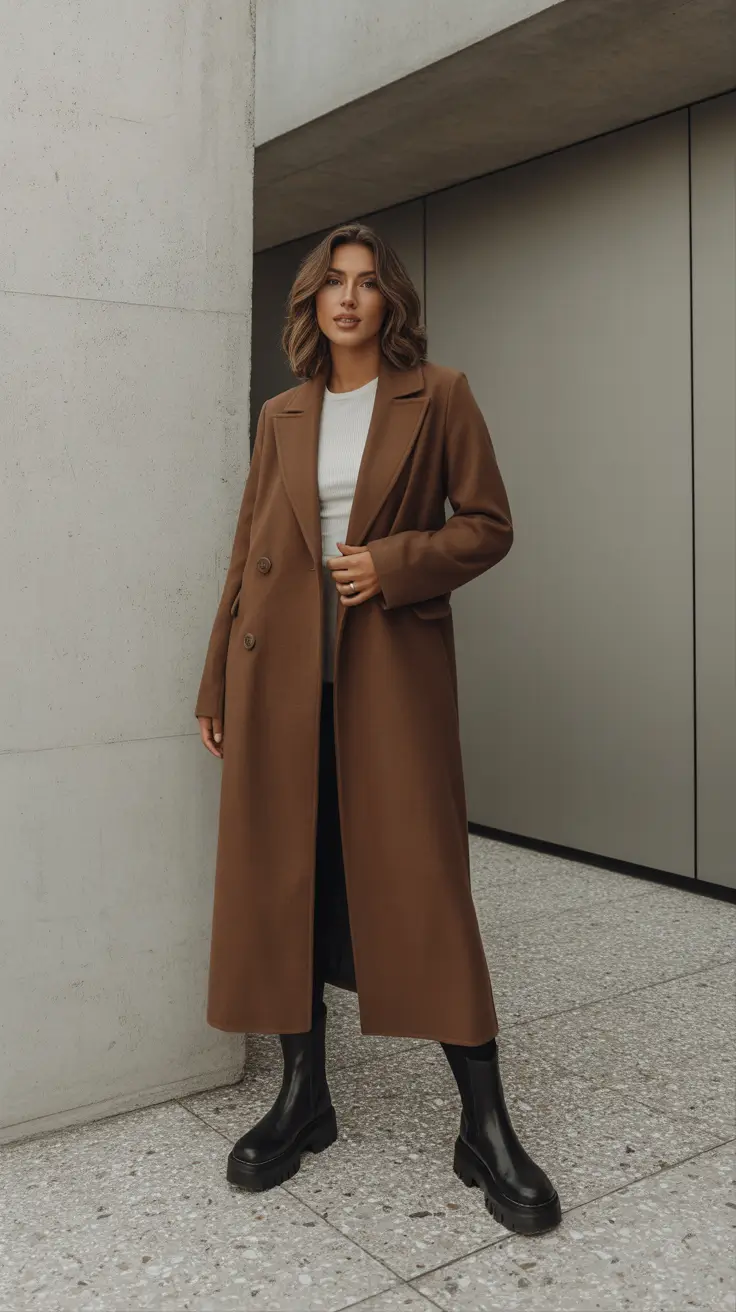 2025 Fall-Winter Fashion: Cold Weather outfits Ideas - Chestnut Coat And Cream Knit - Minimalist Armor