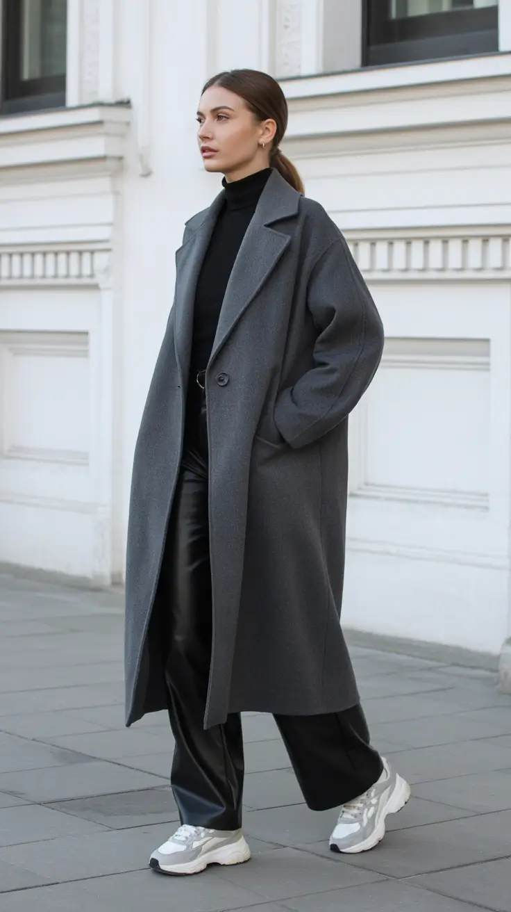 Basics Fall to Winter Outfits Winter 2025 - Monochrome Charcoal With Leather Trousers