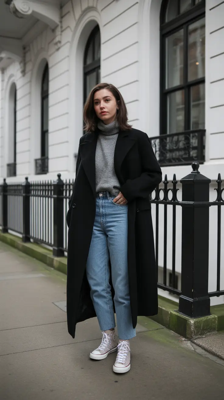 Basics Fall to Winter Outfits Winter 2025 - All-Day Black Coat With Soft Grey Knit