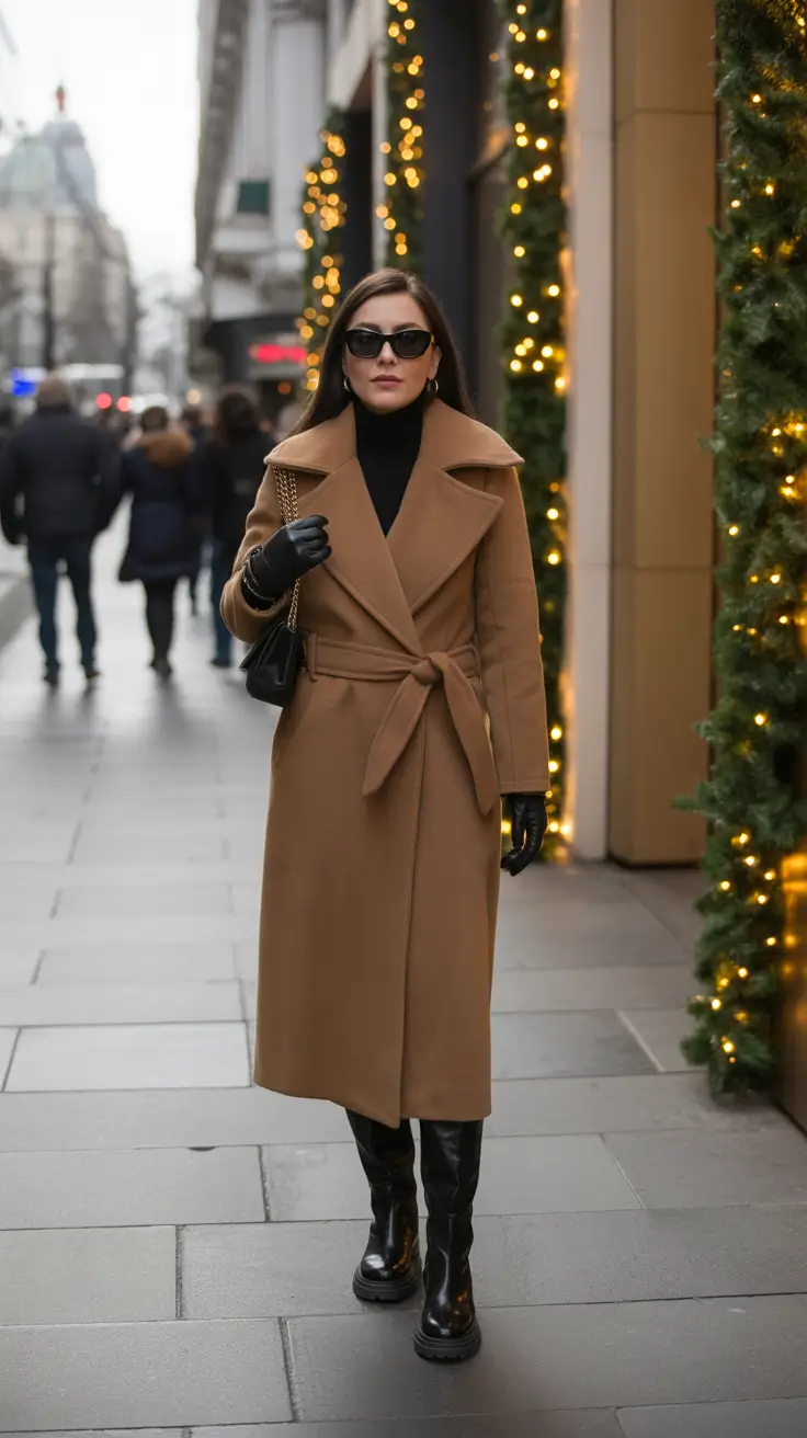 Basics Fall to Winter Outfits Winter 2025 - Camel Wrap Coat With Glossy Boots
