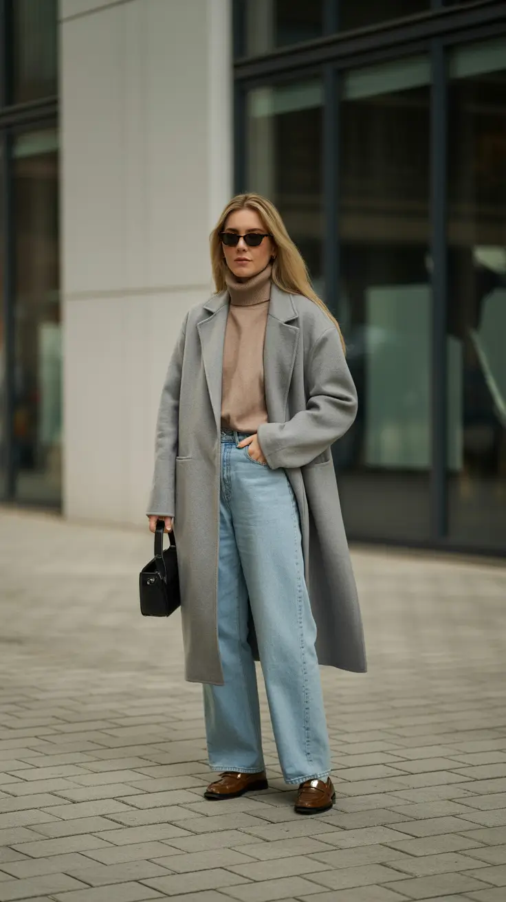 Basics Fall to Winter Outfits Winter 2025 - Soft Grey Coat With Latte Turtleneck and Loafers