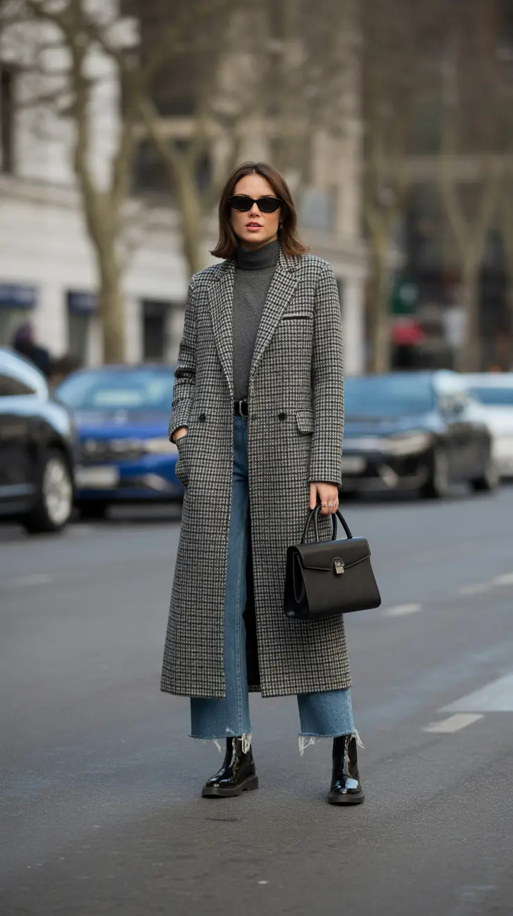 Basics Fall to Winter Outfits Winter 2025 - Houndstooth Coat with Cropped Denim and Patent Boots