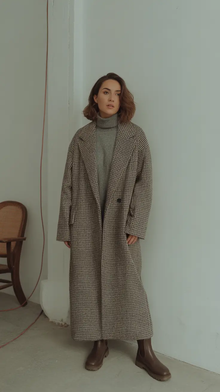 2025 Fall-Winter Fashion Cold Weather Outfits Ideas - Houndstooth Maxi With Stormy Turtleneck