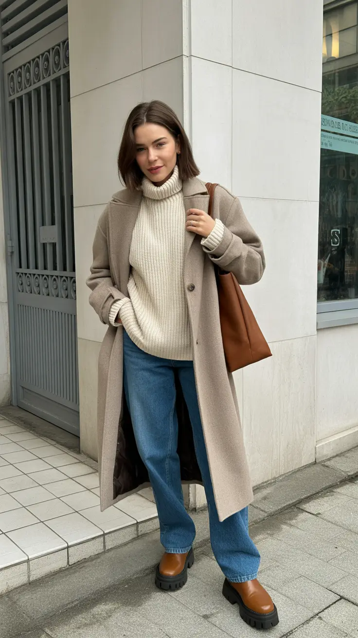 Basics Fall to Winter Outfits Winter 2025 - Oatmeal Turtleneck with Taupe Coat and Lug Boots