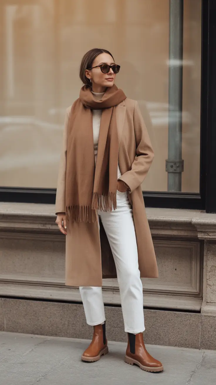2025 Fall-Winter Fashion Camel Scarf Winter White Denim Layered Outfit