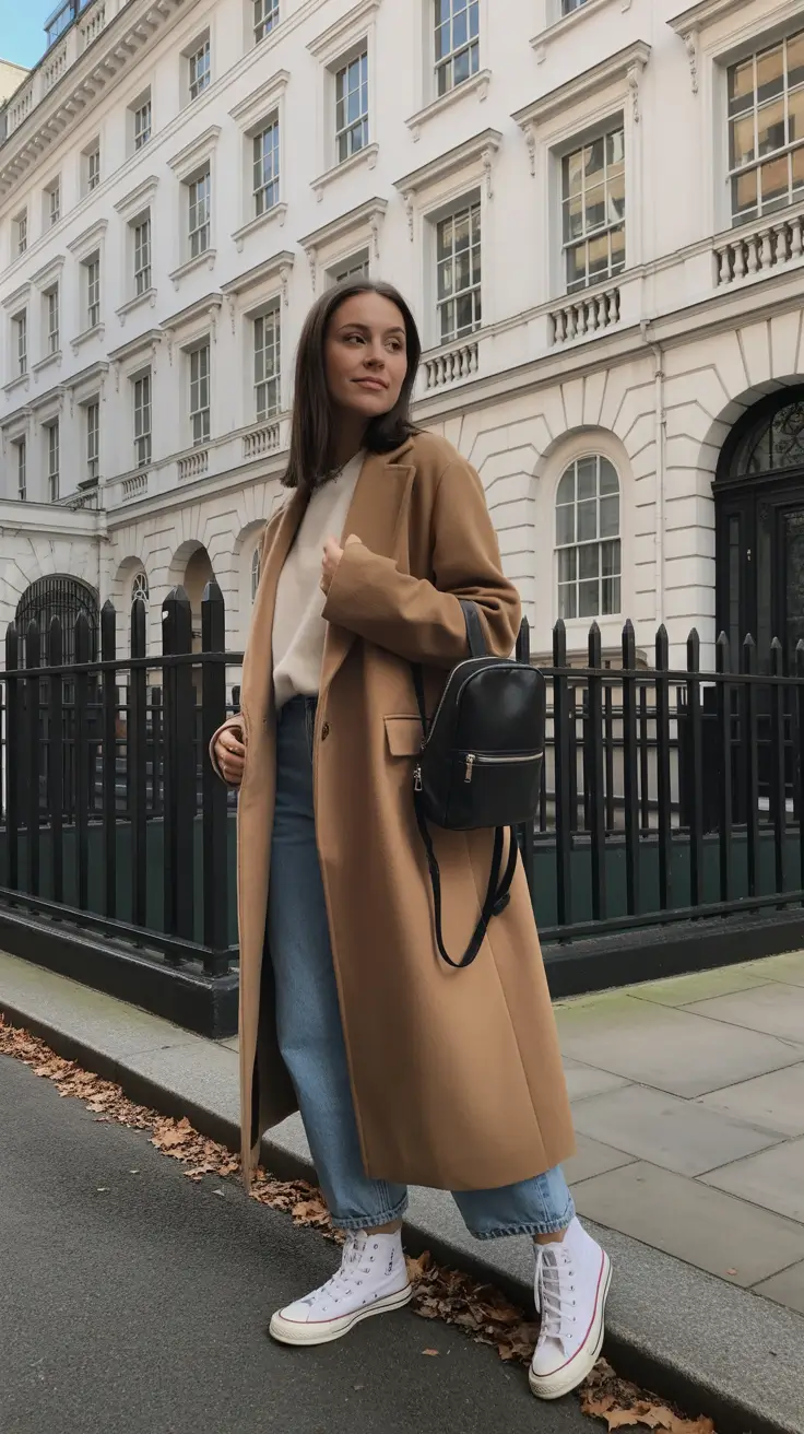 Basics Fall to Winter Outfits Winter 2025 - Camel Coat, Cream Knit, and High-Top Sneakers