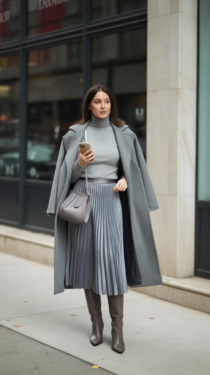 Basics Fall to Winter Outfits Winter 2025 - Monochrome Pleats with Tall Boots