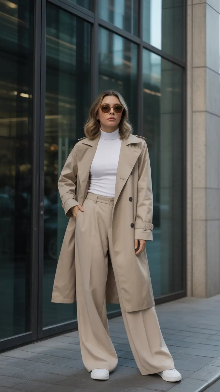 2025 Fall-Winter Fashion: Cold Weather outfits Ideas - Rain-Ready Neutrals In A Trench And Wide Leg