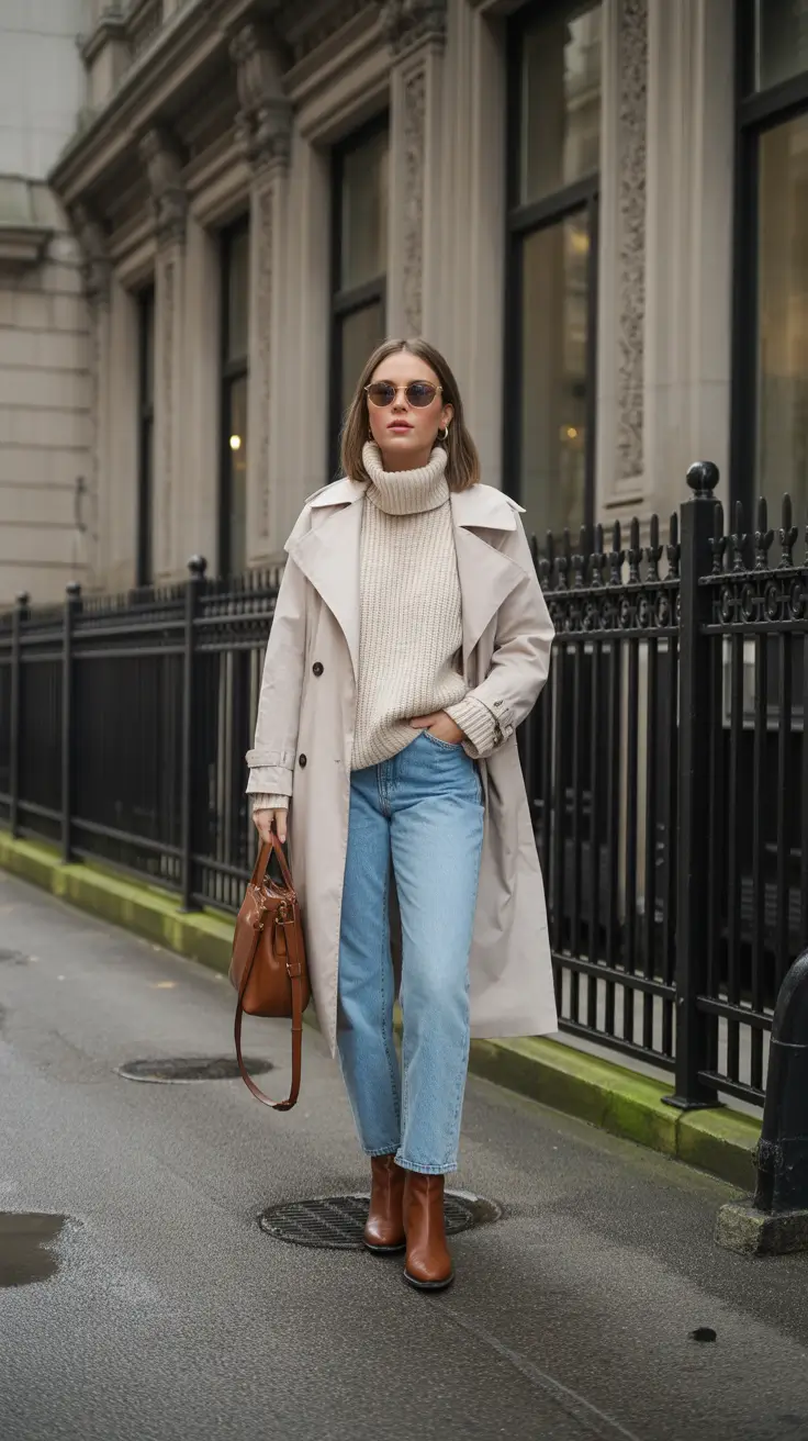 Basics Fall to Winter Outfits Winter 2025 - Trench, Chunky Knit, and Caramel Boots