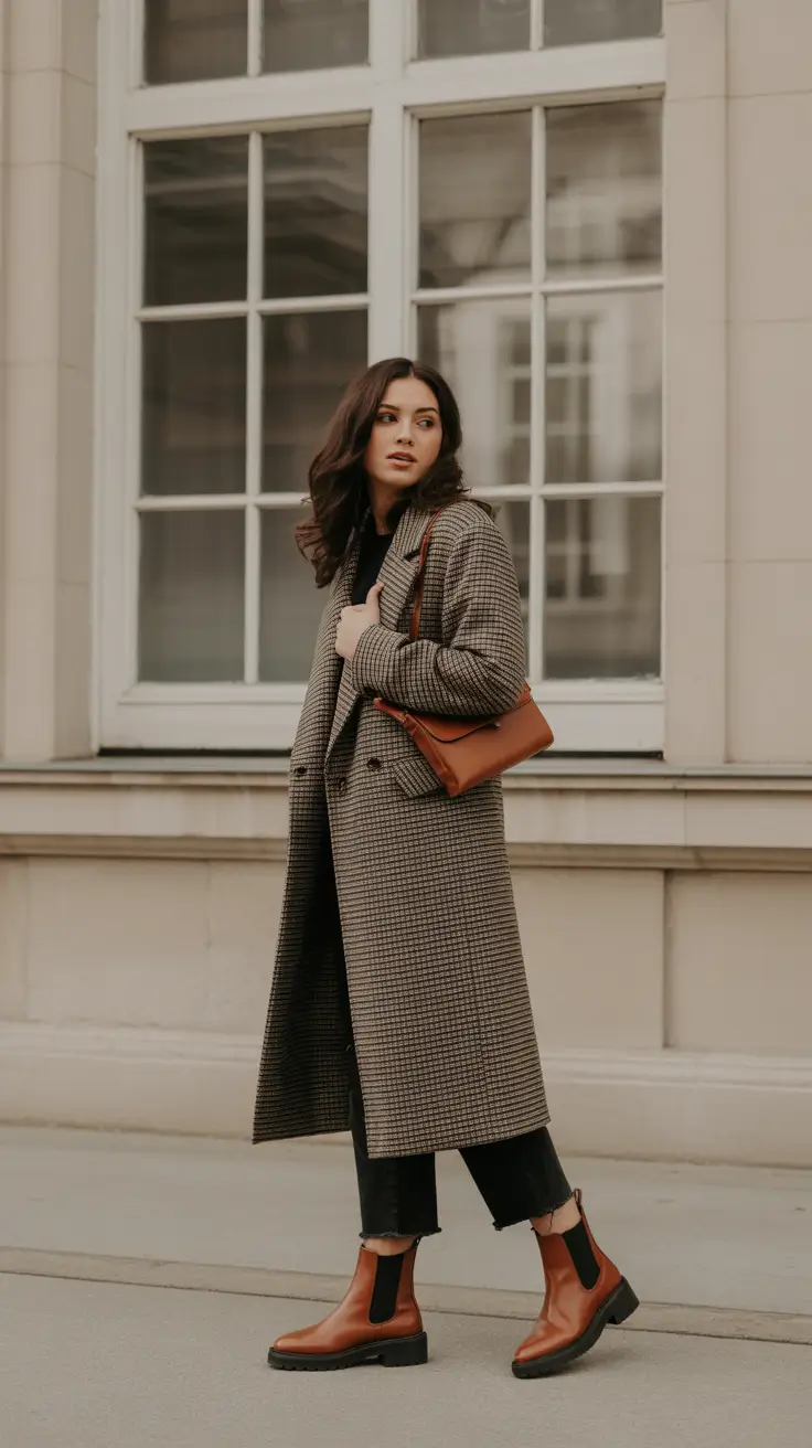 Basics Fall to Winter Outfits Winter 2025 - Micro-Check Coat with Caramel Chelsea Boots
