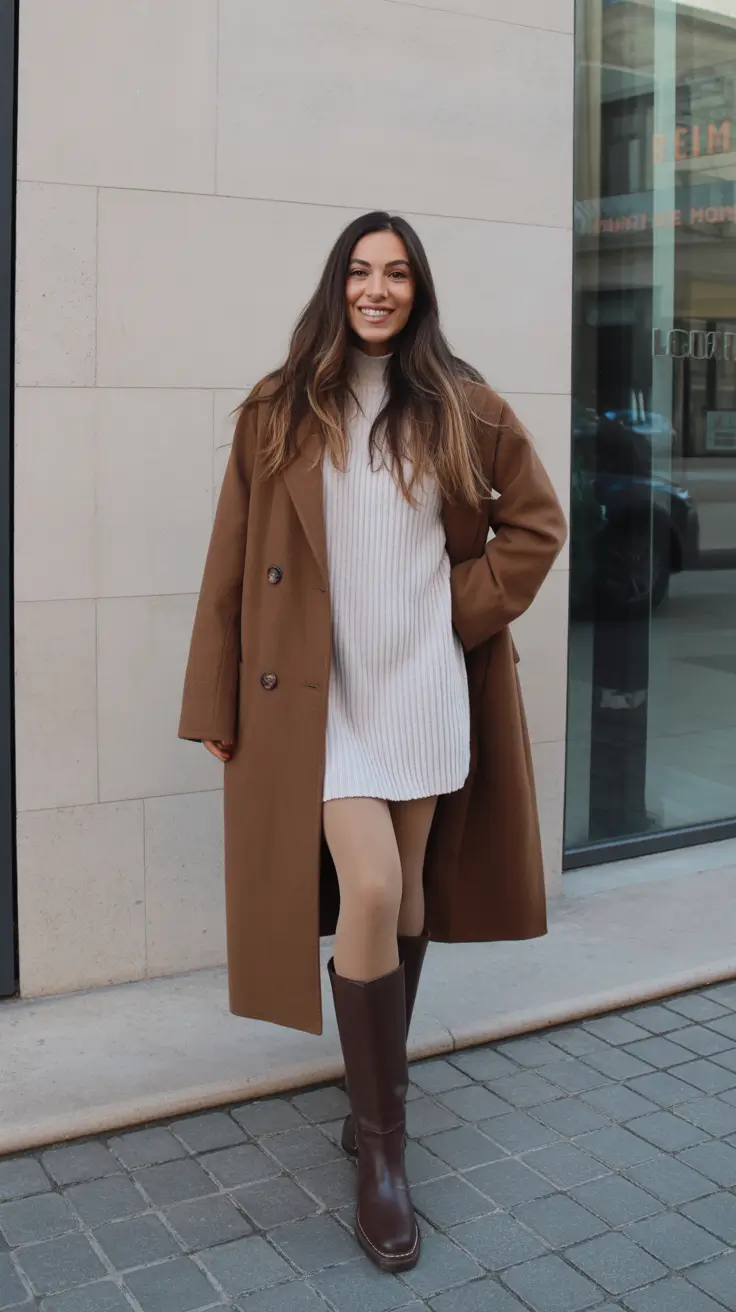 2025 Fall-Winter Fashion Cold Weather Outfits Ideas - Sweater Dress With Tall Boots and Caramel Coat
