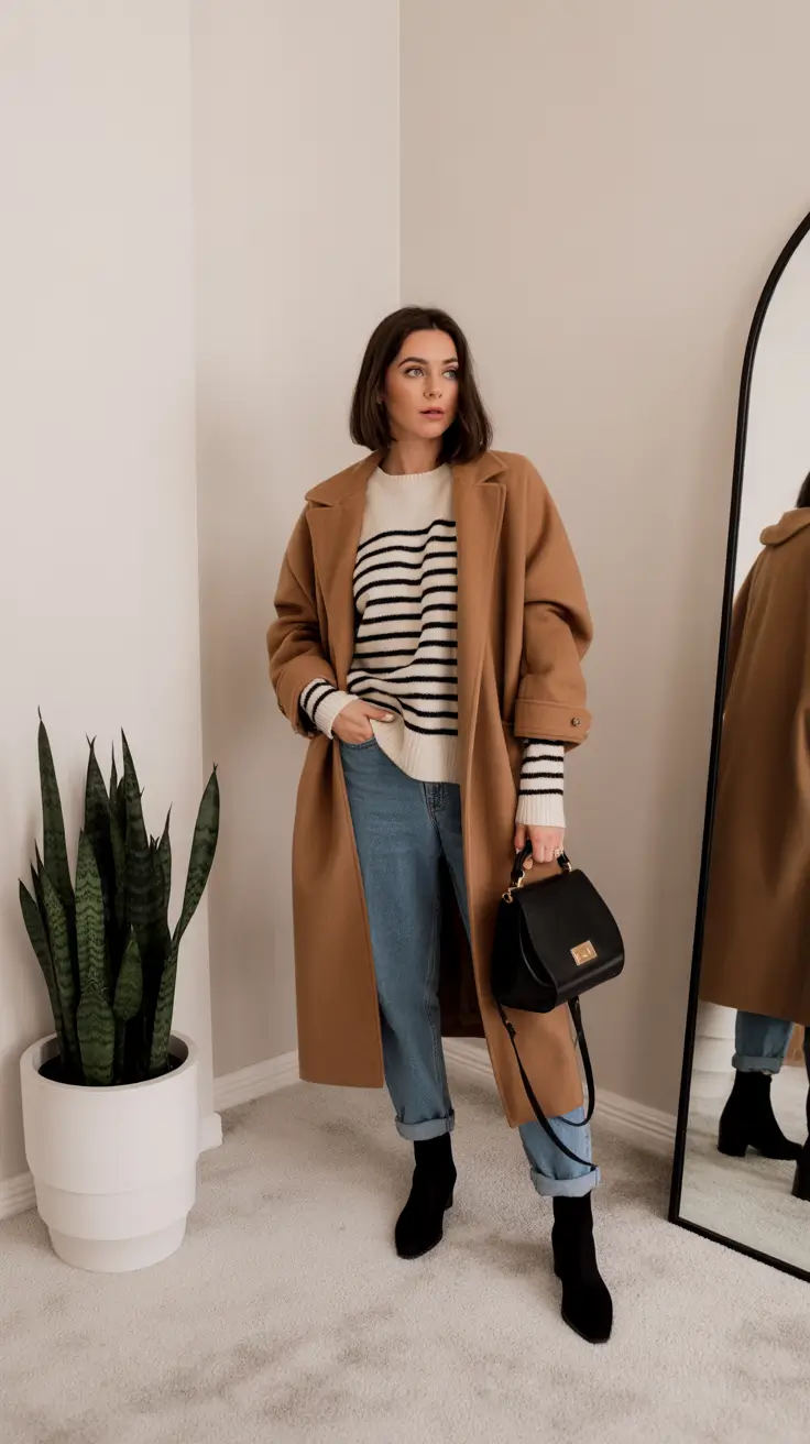 Basics Fall to Winter Outfits Winter 2025 - Camel Coat With Breton Stripes