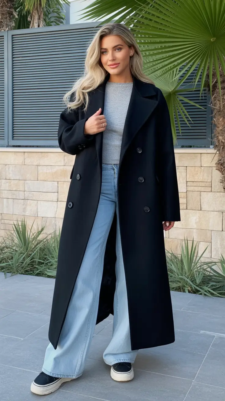 2025 Fall-Winter Fashion: Cold Weather outfits Ideas - Black Overcoat, Soft Knit, Light Denim