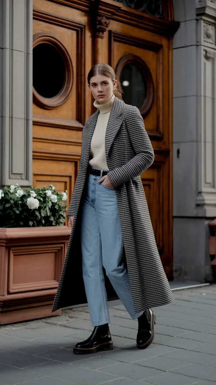 Basics Fall to Winter Outfits Winter 2025 - Houndstooth, Cream Knit, and Chelsea Boots