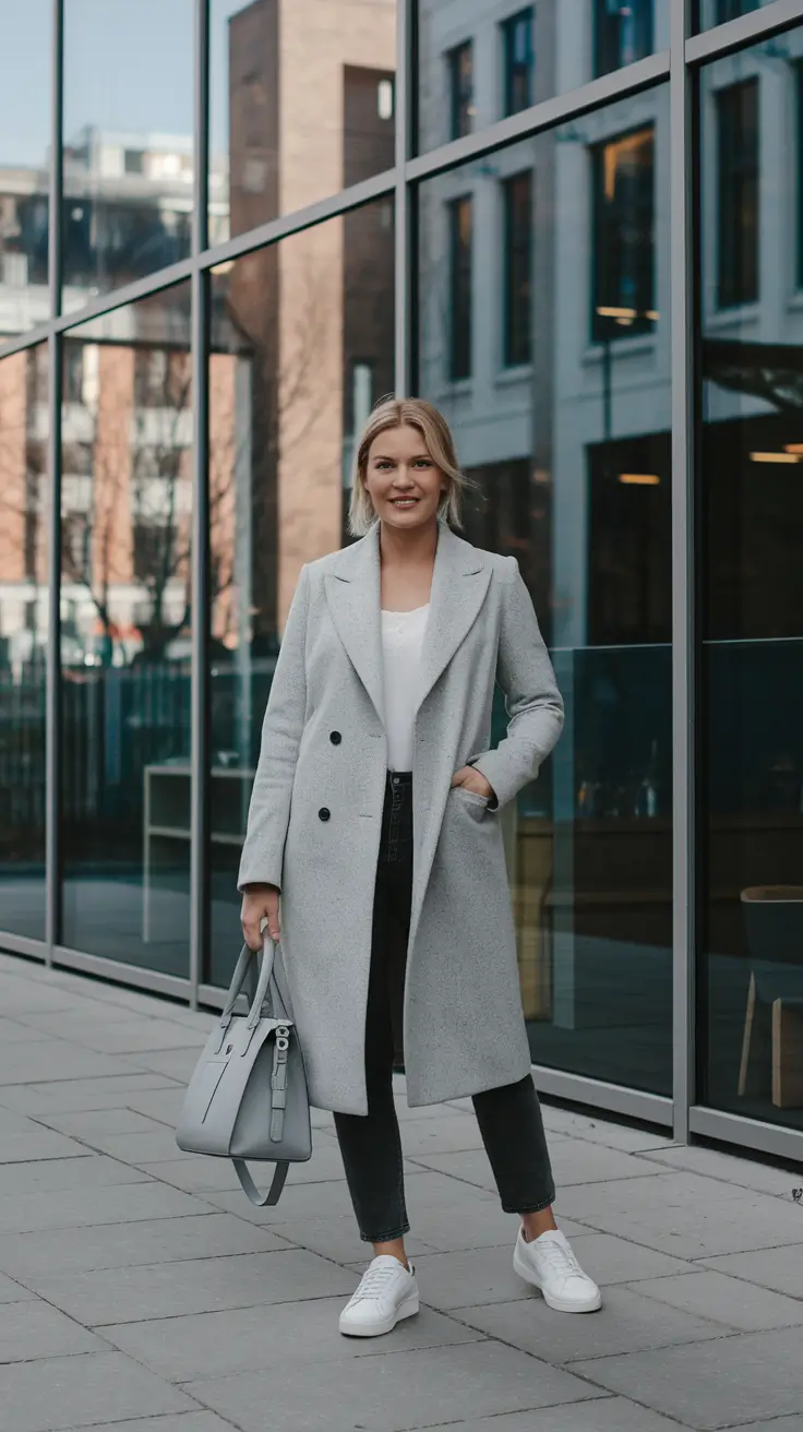 Basics Fall to Winter Outfits Winter 2025 - Soft-Gray Coat, Dark Denim, White Sneakers