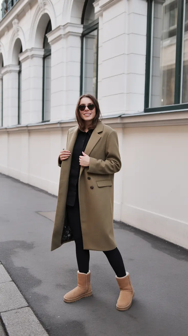 2025 Fall-Winter Fashion Cold Weather Outfits Ideas - Olive Overcoat With Shearling Boots Minimal