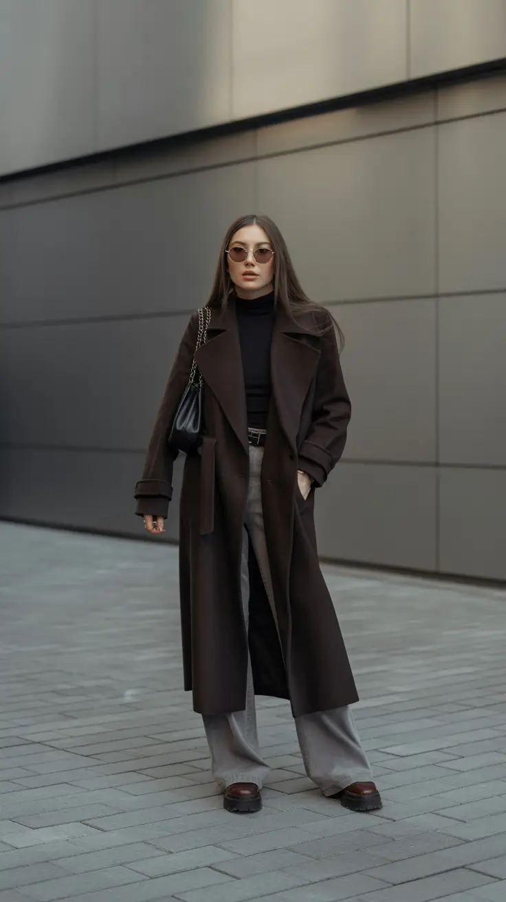 Basics Fall to Winter Outfits Winter 2025 - Dark Chocolate Coat and Soft Gray Trousers