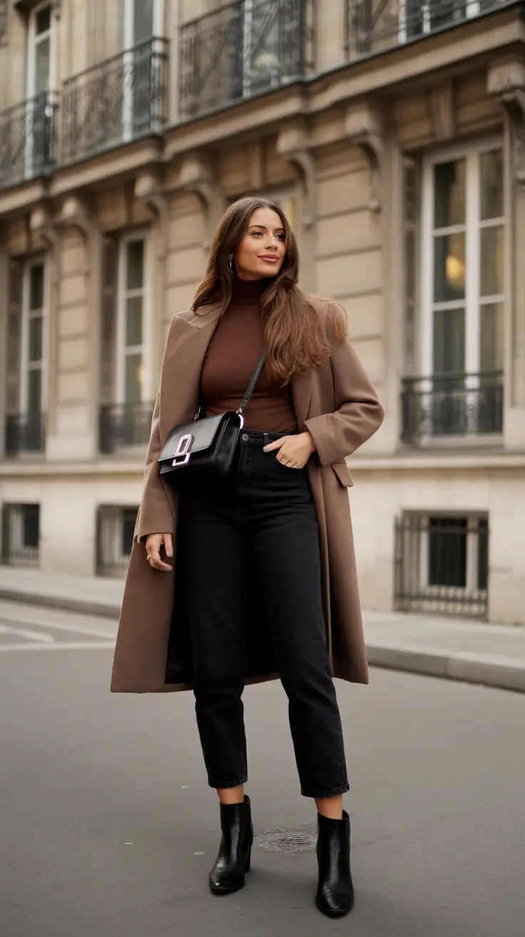 2025 Fall-Winter Fashion Cold Weather Outfits Ideas - Mocha Turtleneck and Black Denim Smart