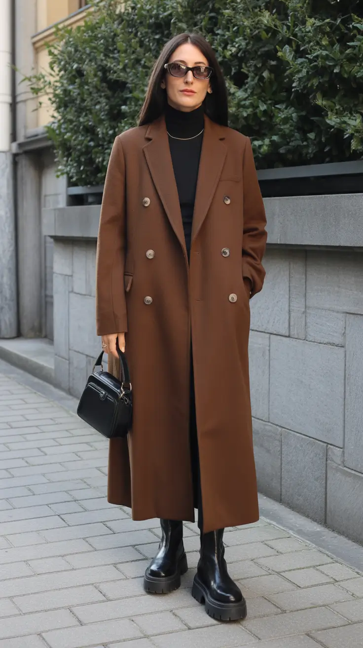 Basics Fall to Winter Outfits Winter 2025 - Cognac Double Breasted and Lug Sole Boots