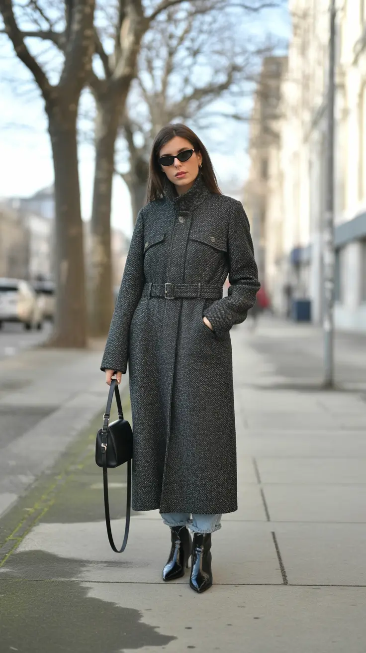 Basics Fall to Winter Outfits Winter 2025 - Belted Charcoal Wool and Sleek Ankle Boots