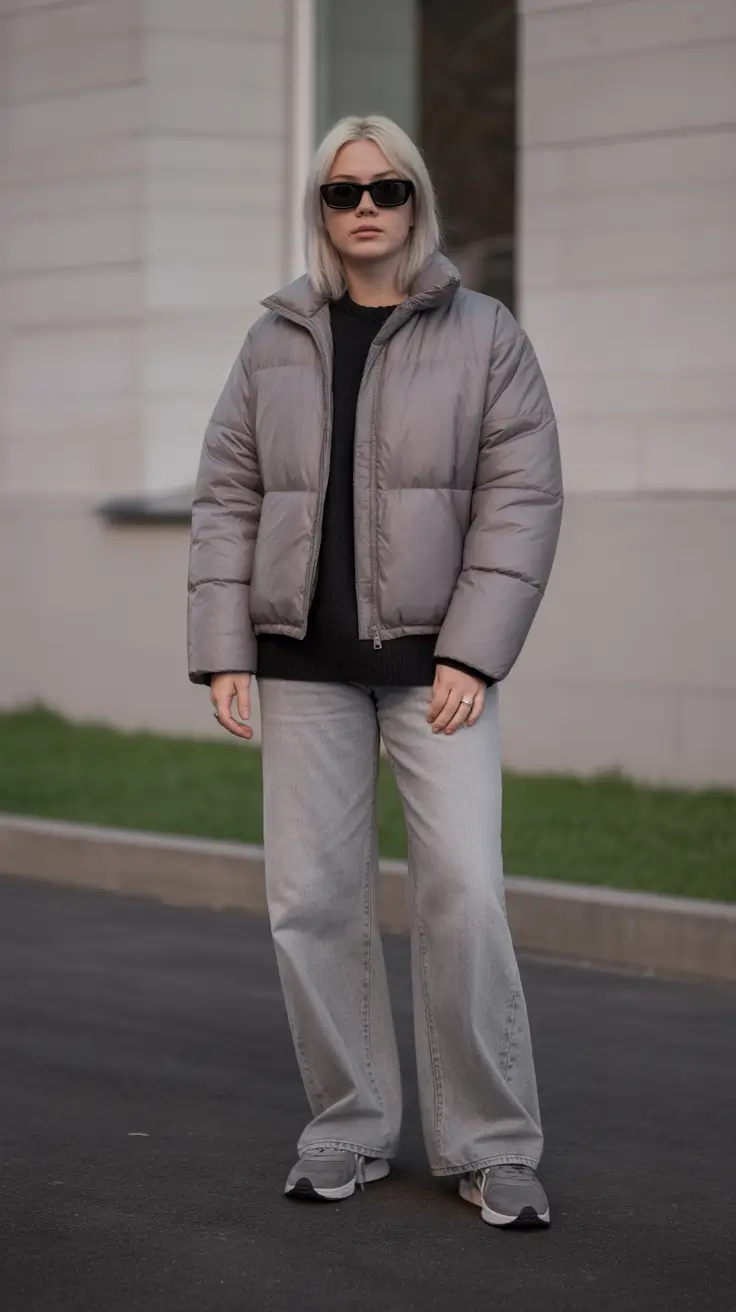 2025 Fall-Winter Fashion Cold Weather Outfits Ideas - All Gray Puffer and Wide Denim Easy