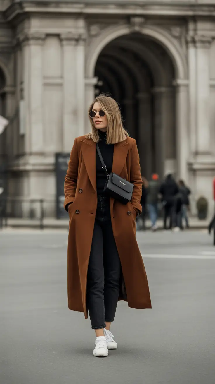 Basics Fall to Winter Outfits Winter 2025 - Camel Double Breasted with White Sneakers
