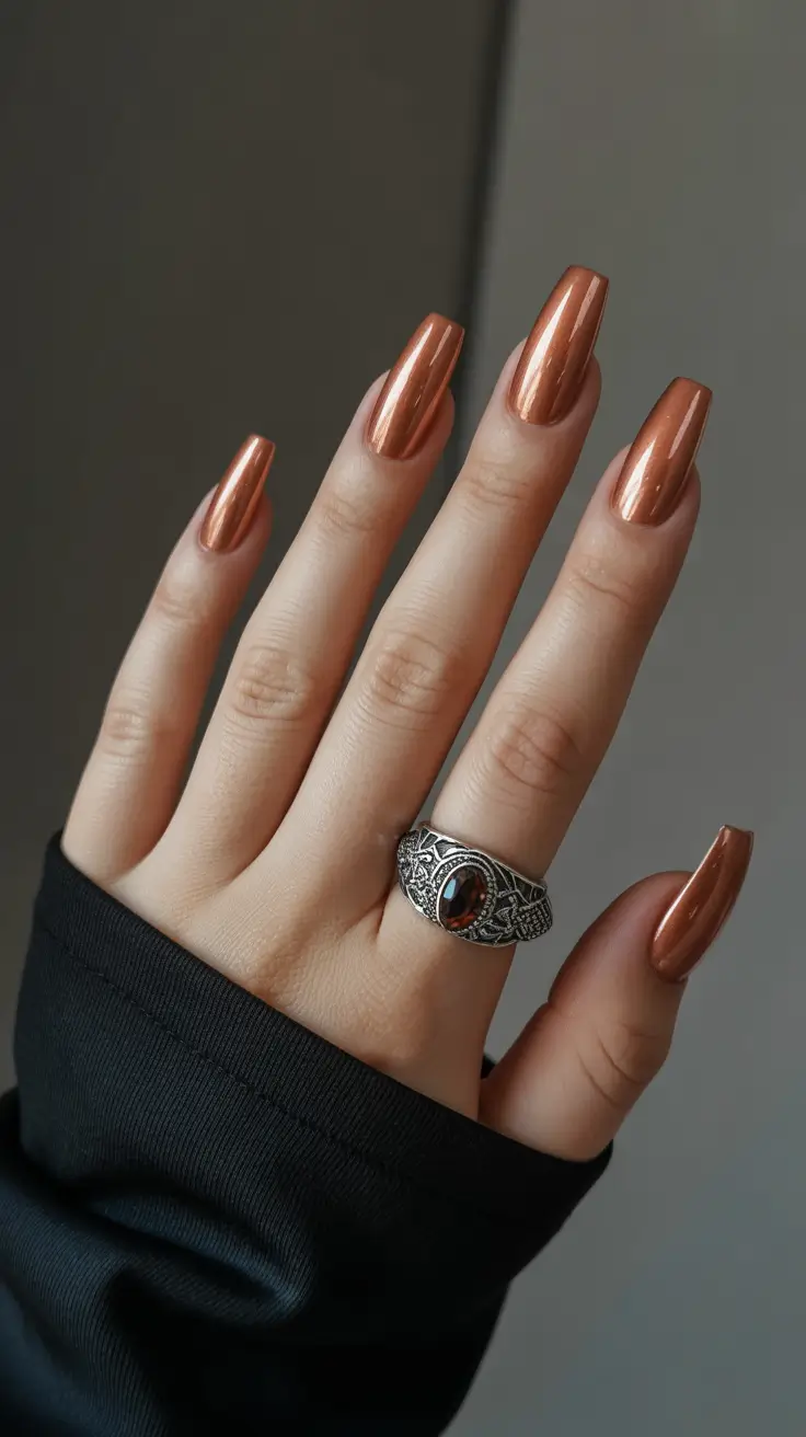 Fall & Winter Nail Colors Trends 2025–2026 - Molten Copper Chrome Square