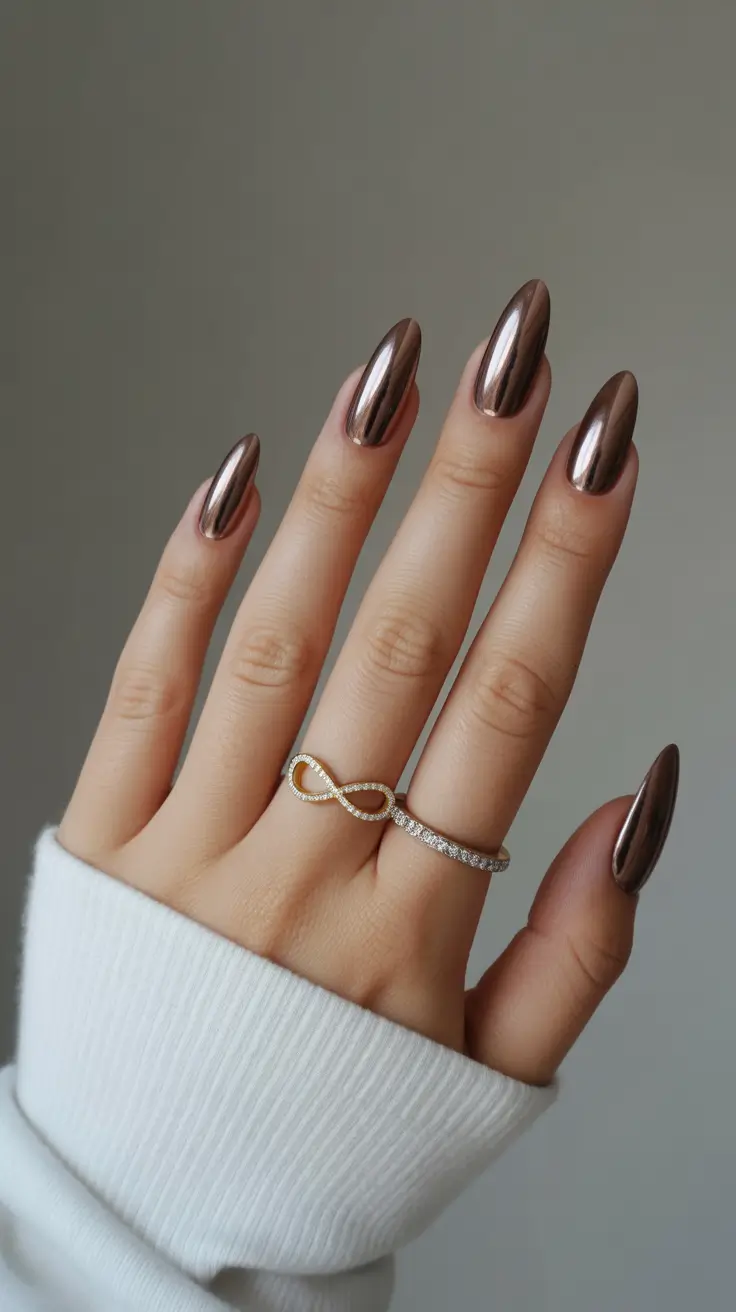 Fall & Winter Nail Colors Trends 2025-2026 - Molten Bronze Chrome Almond