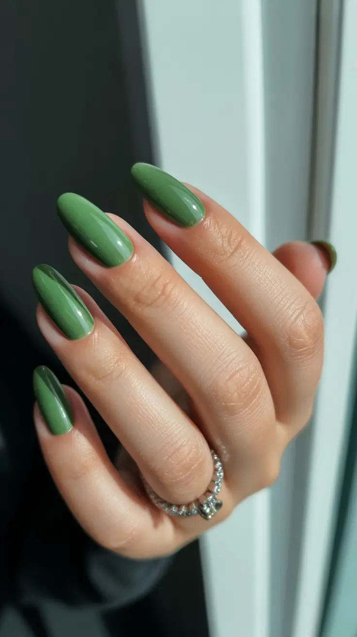 Fall & Winter Nail Colors Trends 2025-2026 - Alpine Green Almond Shine