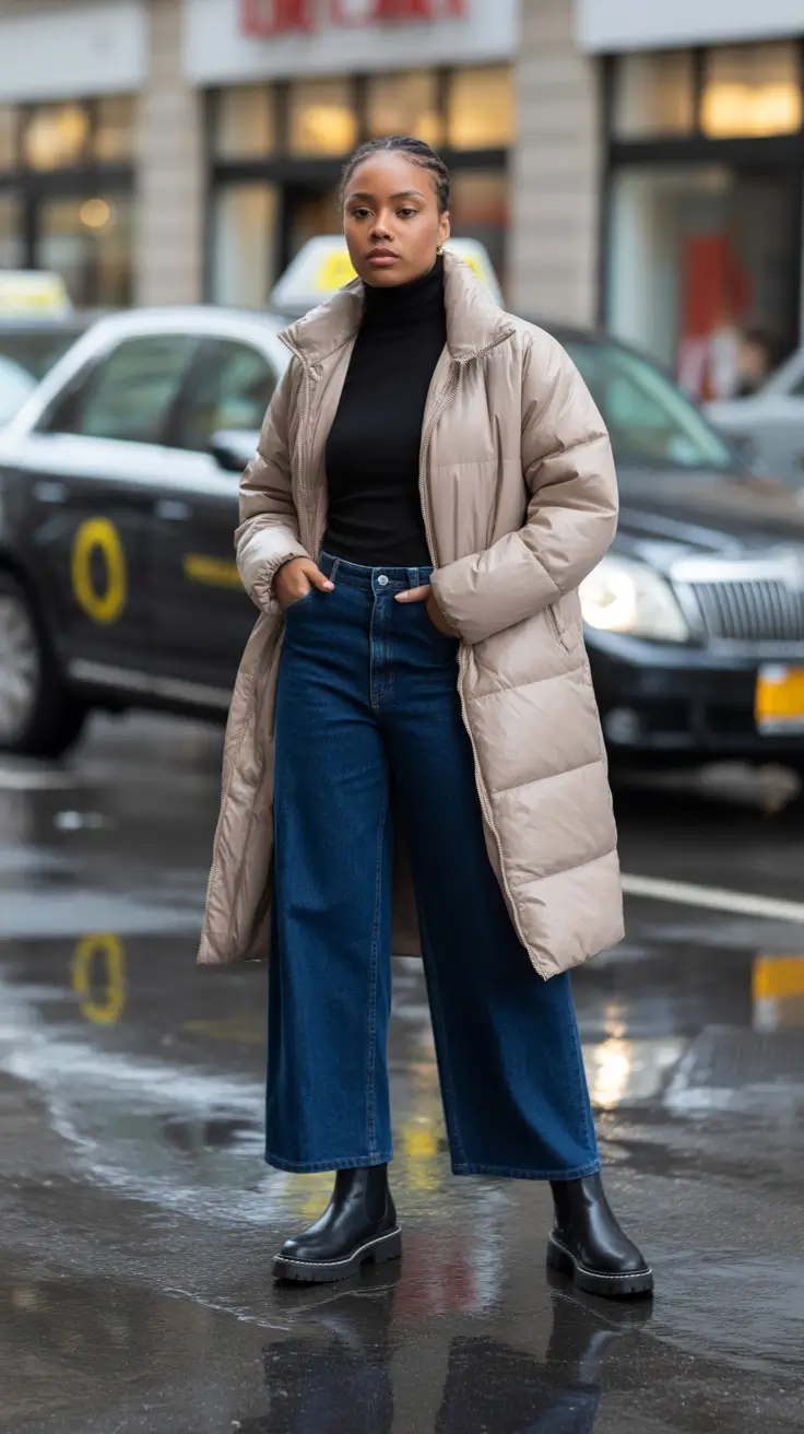 NYC Winter Outfits 2025 / 2026 Street Style Guide - Taupe Puffer With Wide-Leg Denim Confidence